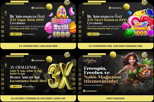 Casinodior giriş işlemlerinizi gerçekleştirdikten sonra, ilk yatırımınızı yapıyorsanız eğer %50 Sugar Rush çevrimsiz bonusu alabilirsiniz.